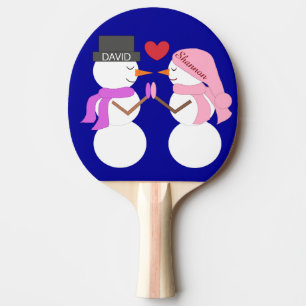 Darling Snowpeople in Love: Dark Blue Ping Pong Paddle