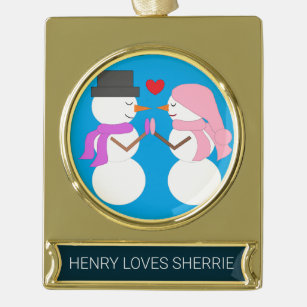 Darling Snowpeople in Love Gold Plated Banner Ornament