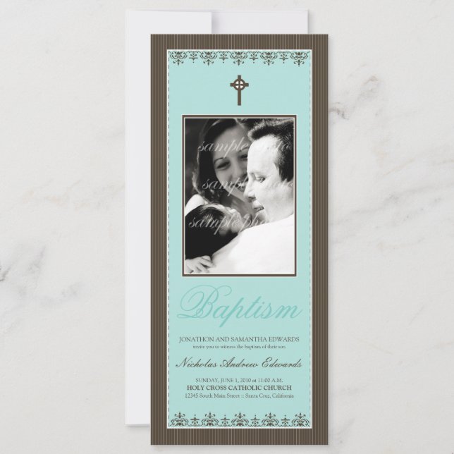 Darling Victorian 4x9.25" Aqua Baptism Invitation (Front)