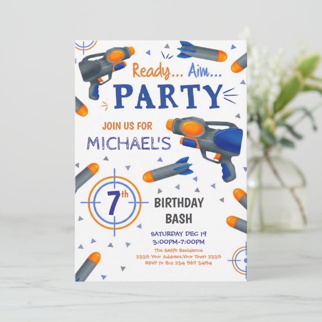 Dart Gun Birthday Invitation (Standing Front)