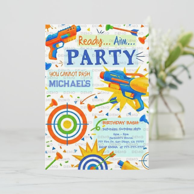 Dart Gun Birthday Invitation (Standing Front)