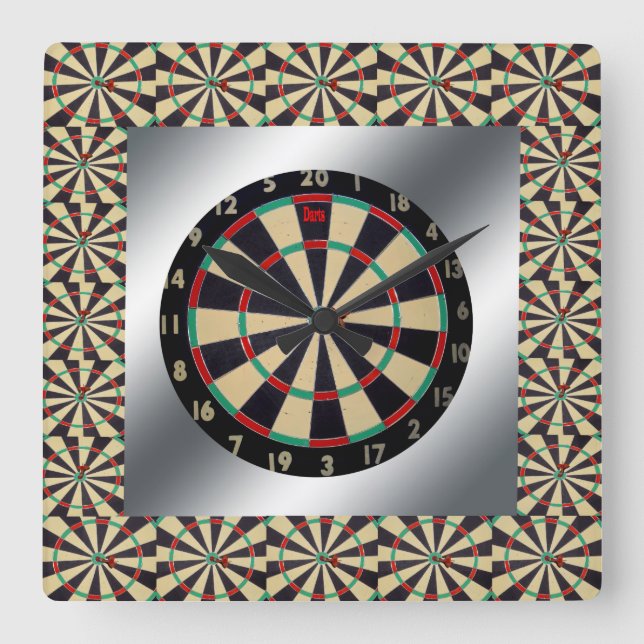 Dart In A Dartboard Framed With Dartboards, Square Wall Clock (Front)