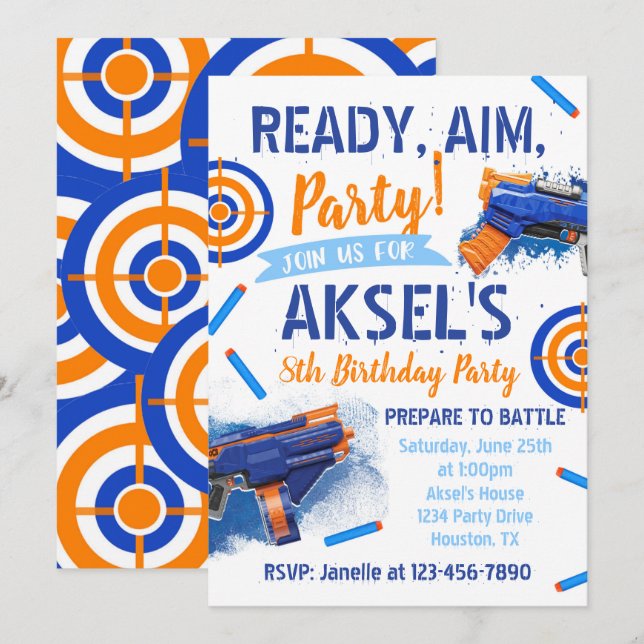 Dart Party Birthday Invitation | Dart Gun (Front/Back)