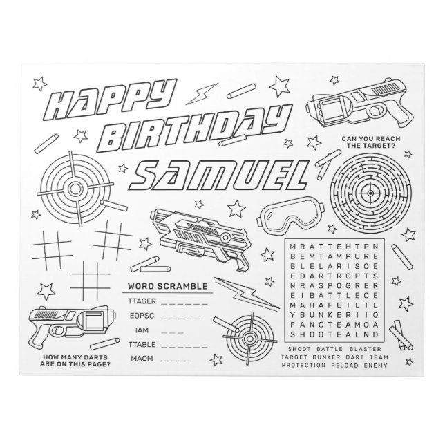 Dart War Birthday Party Colouring and Activity Pag Notepad (Front)