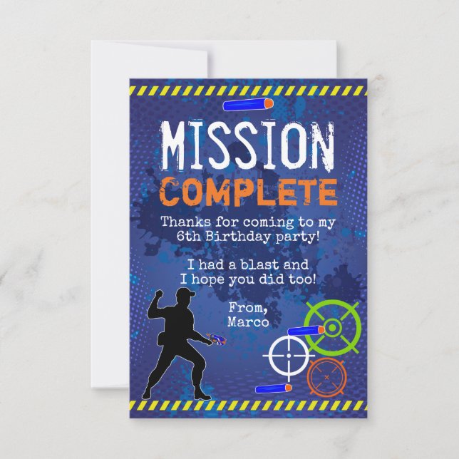 Dart Wars Birthday Party Thank you Card (Front)