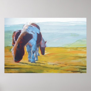 Dartmoor miniature ponies painting misty landscape poster
