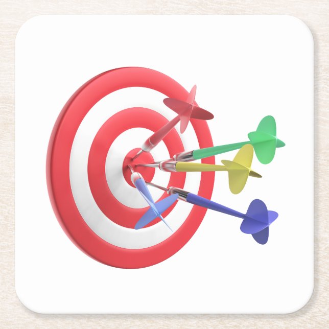 Darts hitting the centre of dartboard square paper coaster (Front)