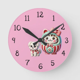 Daruma with Puppy and Ribbon Round Clock