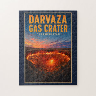 Darvaza Gas Crater Turkmenistan Illustration Retro Jigsaw Puzzle