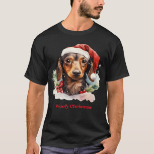Daschund Dog Christmas Santa Hat Xmas Light Woofy T-Shirt