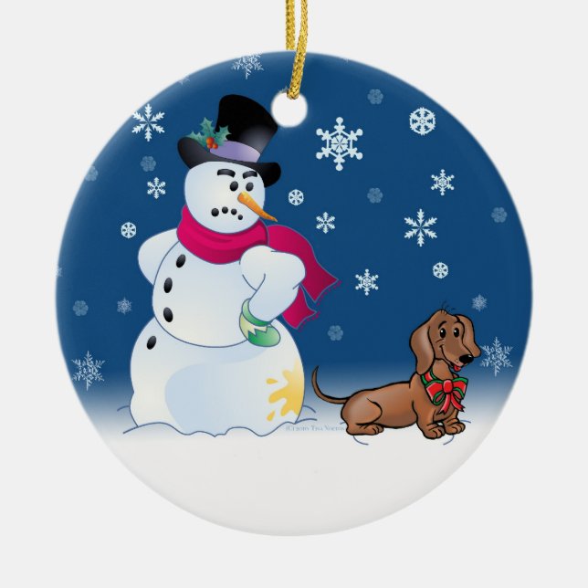 Daschund puppy and Snowman Ceramic Tree Decoration (Front)