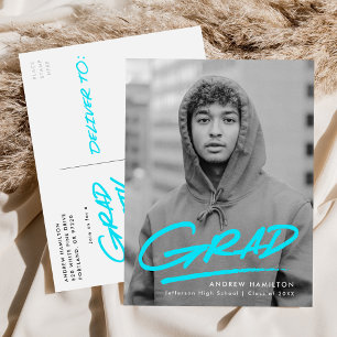 Dashed Grad Turquoise Photo Graduation Party Invitation Postcard