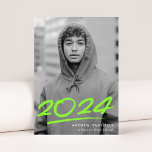 Dashed Lime Green Class of 2024 Photo Graduation Announcement<br><div class="desc">Modern graduation announcement featuring the graduate's vertical photo with "2024" in lime green handwritten lettering with a dash below. Personalise the trendy photo graduation announcement by adding the graduate's name and school name. The class of 2024 graduation announcement reverses to display a pattern of lime green and white dashed brushstrokes....</div>