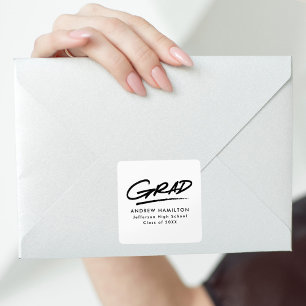 Dashed Modern Grad White and Black Graduation Square Sticker