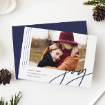 Dashing Script | Joy | Horizontal Photo Holiday Card<br><div class="desc">A modern and elegant holiday card featuring a horizontal or landscape-oriented photo accented with thin vertical stripes. "Joy" appears beneath in casual hand lettered script typography. Personalize with your custom holiday greeting,  family name,  and the year. A chic and modern minimalist choice for your Christmas 2021 cards.</div>