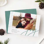Dashing Script | Joy | Horizontal Photo Holiday Card<br><div class="desc">A modern and elegant holiday card featuring a horizontal or landscape-oriented photo accented with thin vertical stripes. "Joy" appears beneath in casual hand lettered script typography. Personalize with your custom holiday greeting,  family name,  and the year. A chic and modern minimalist choice for your Christmas 2021 cards.</div>