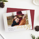 Dashing Script | Merry | Horizontal Photo<br><div class="desc">A modern and elegant holiday card featuring a horizontal or landscape-oriented photo accented with thin vertical foil stripes. "Merry" appears beneath in casual hand lettered gold foil script typography. Personalize with your custom holiday greeting, family name, and the year. A chic and modern minimalist choice for your Christmas 2022 cards....</div>