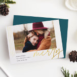 Dashing Script | Merry | Horizontal Photo<br><div class="desc">A modern and elegant holiday card featuring a horizontal or landscape-oriented photo accented with thin vertical foil stripes. "Merry" appears beneath in casual hand lettered gold foil script typography. Personalize with your custom holiday greeting, family name, and the year. A chic and modern minimalist choice for your Christmas 2022 cards....</div>