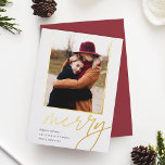 Dashing Script | Merry Vertical Photo<br><div class="desc">A modern and elegant holiday card featuring a vertical or portrait-orientated photo accented with gold foil trim. "Merry" appears beneath in casual hand lettered gold foil script typography. Personalise with your custom holiday greeting,  family name,  and the year. A chic and modern minimalist choice for your Christmas 2022 cards.</div>