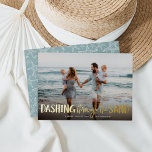 Dashing Through the Sand | Beach Photo<br><div class="desc">Perfect for those living in tropical climes, or for sharing a faulty vacation photo, or optional holiday photo card features "Dashing Through the Sand" as a gold foil text overlay adorned with starfish illustrations. Personalise with your names and custom greeting (show with "warmest wishes") along the bottom. Cards reverse to...</div>