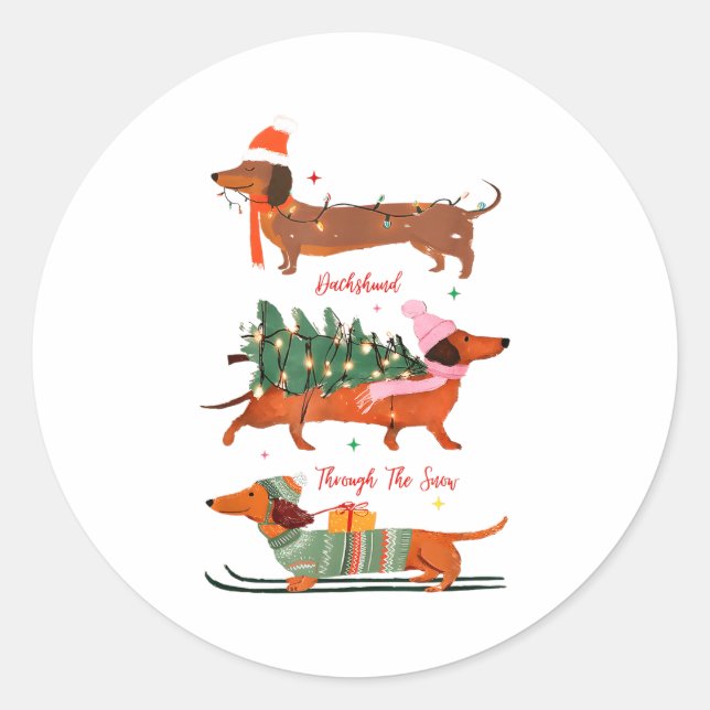 Dashing Through The Snow Christmas Wiener Dog Holi Classic Round Sticker (Front)