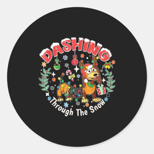 Dashing Through The Snow, Dog Christmas, Funny Chr Classic Round Sticker (Front)