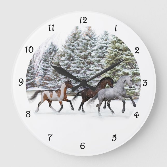 Dashing Through the Snow - Running Horses Large Clock (Front)