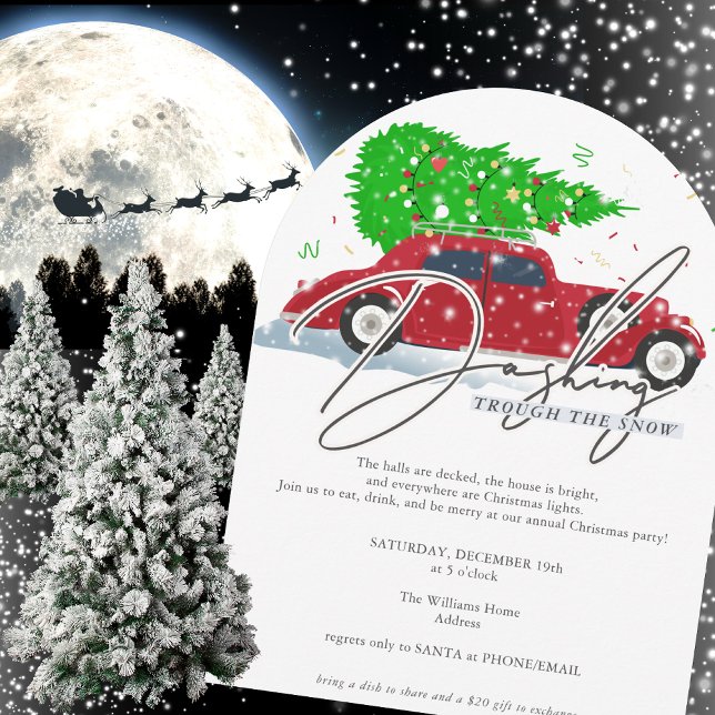 Dashing Trough The Snow Vintage Car Christmas Invitation (Dashing Trough The Snow Vintage Car with Christmas Tree in the Snow Family Company Party Invitation)