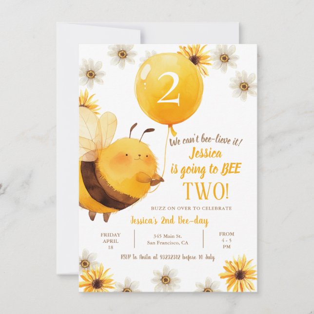 Dasiy and Bee Sunflower Second Birthday  Invitation (Front)