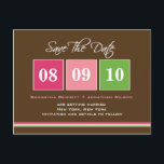 Date Blocks - Fuchsia Green Announcement Postcard<br><div class="desc">This chic and modern postcard stylishly requests your guests to save the date. Matching stamp and magnet option also available.</div>