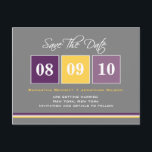 Date Blocks Save The Date - Purple/Yellow Announcement Postcard<br><div class="desc">This chic and modern postcard stylishly requests your guests to save the date. Matching stamp and magnet option also available.</div>