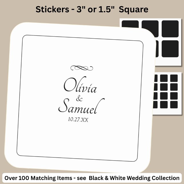 Date + Bride, Groom Names Black White Infinity  Square Sticker (Creator Uploaded)