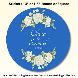 Date + Bride, Groom Names Cobalt Blue & White Rose Classic Round Sticker
