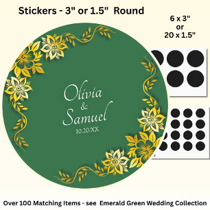 Date + Bride, Groom Names Emerald Green & Gold Classic Round Sticker