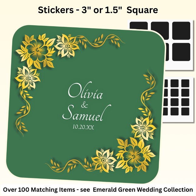 Date + Bride, Groom Names Emerald Green & Gold Square Sticker (Creator Uploaded)
