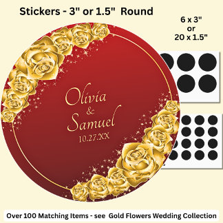 Date + Bride Groom Names, Gold Flowers Maroon Red Classic Round Sticker