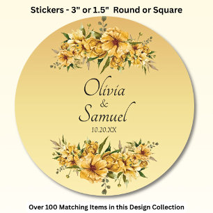 Date + Bride & Groom Names Golden Yellow Flowers Classic Round Sticker