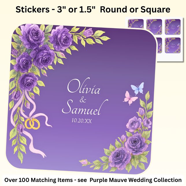 Date + Bride, Groom Names Purple Mauve Flowers Square Sticker (Creator Uploaded)