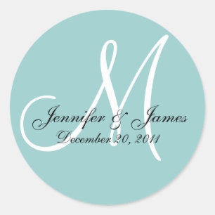 Date, First Names & Initial Monogram Blue Sticker