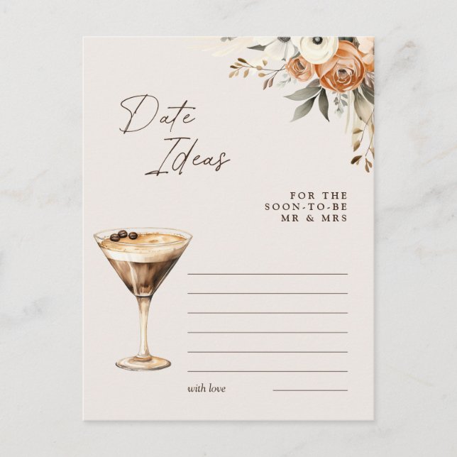 Date Ideas Espresso Martini Bridal Shower Game Postcard (Front)