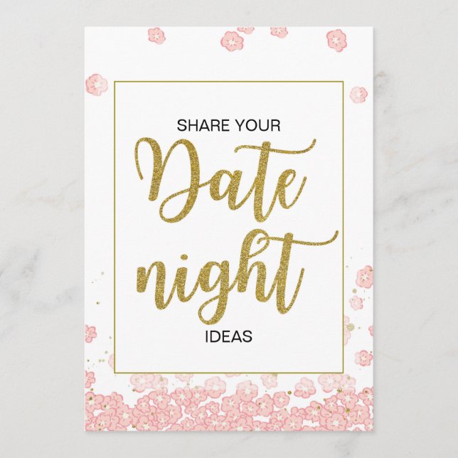 Date Night Ideas Sign | Pink and Gold Bridal Showe Advice Card (Front)