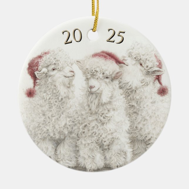 Dated Angora Goat  Trio Santa Hat Christmas Ceramic Tree Decoration (Front)