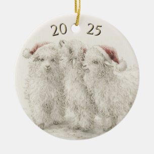Dated Angora Goat Trio Santa Hat Christmas Ceramic Tree Decoration