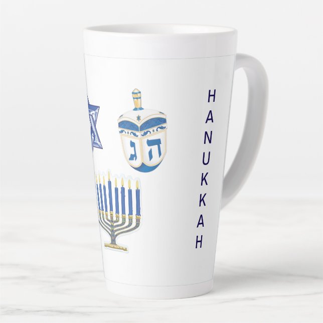 Dated Blue & White Hanukkah Tall Latte Mug (Right Angle)