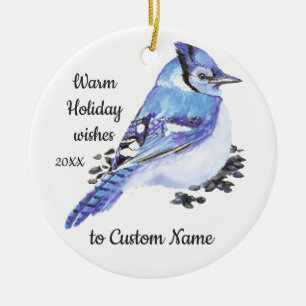 Dated Christmas Custom Watercolor Blue Jay Bird Ceramic Tree Decoration