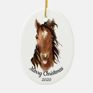 Dated Christmas Custom Watercolor Horse Attitude Ceramic Tree Decoration