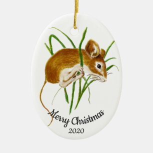 Dated Christmas Custom Watercolor Mouse Animal Ceramic Tree Decoration