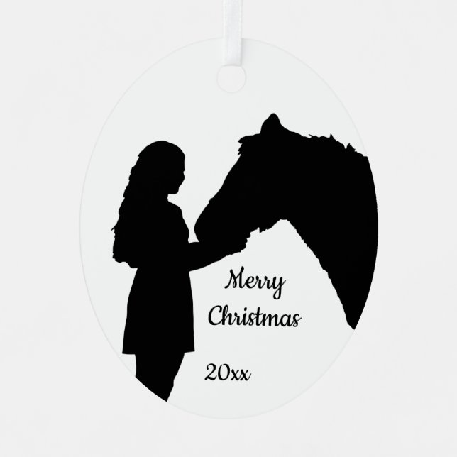 Dated Christmas Girl & Her Horse Love Silhouette  Metal Tree Decoration (Front)