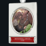 Dated Christmas Horse Photo Personalised Metallic Silver Plated Banner Ornament<br><div class="desc">Silver metallic personalised horse photo ornament with your names and year,  perfect for the horse owner,  lover,  or caretaker or as part of a horse-themed gift.</div>
