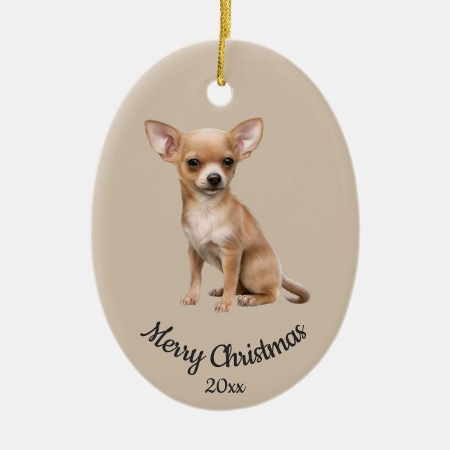 Dated Custom Photo Christmas Chihuahua  Dog pet Ceramic Tree Decoration (Front)